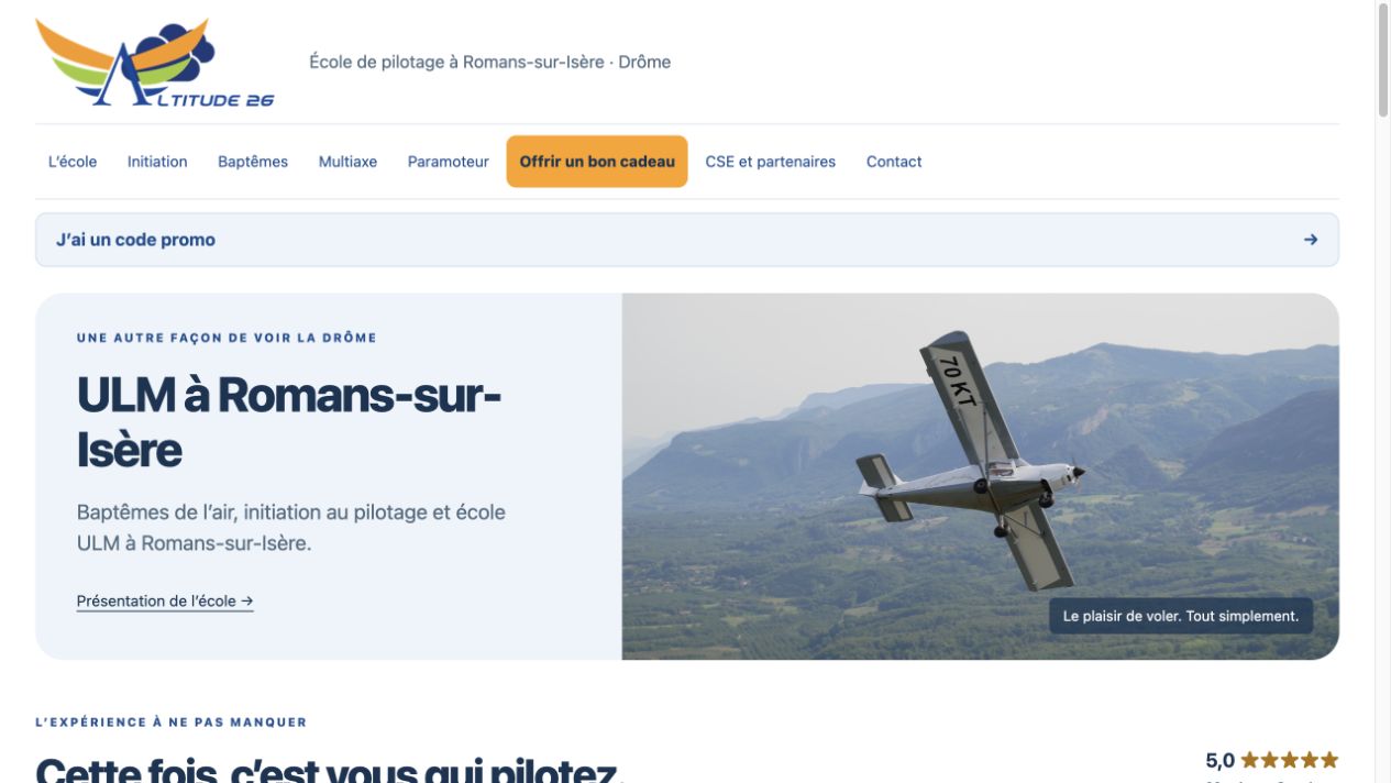 Capture réelle d’Altitude26, école ULM avec des bons cadeaux connectés à SafyFly