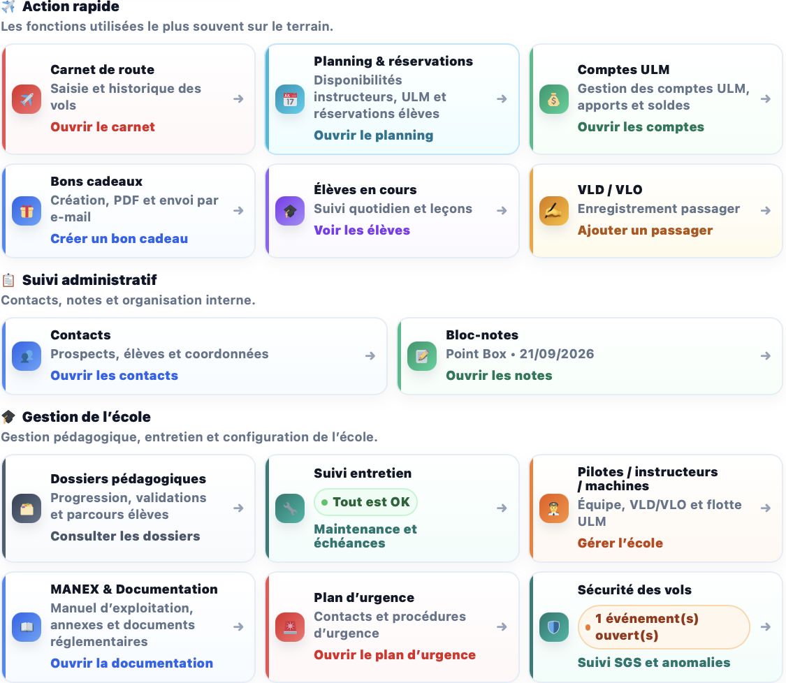 Cockpit actuel SafyFly School : vols, planning, bons cadeaux, élèves, entretien, MANEX et sécurité des vols